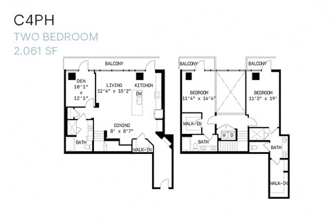 Floor plan for 2 beds, 3 baths, 2061 sqft